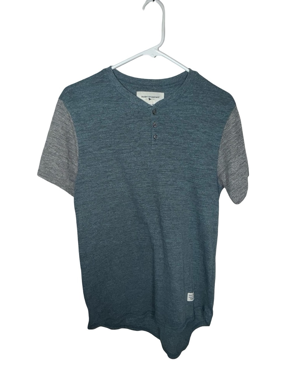 Modern Amusement Teal Blue Henley with Gray Contrast Sleeves